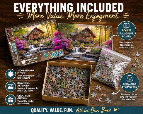 1000 Piece Jigsaw Puzzle for Adults - Mountain Cabin Waterfall - Challenging Puzzle Perfect for Game Nights - 1000 Piece for Adults. Nature Landscape Photograph in Forest 20x27 inch in Saudi Arabia