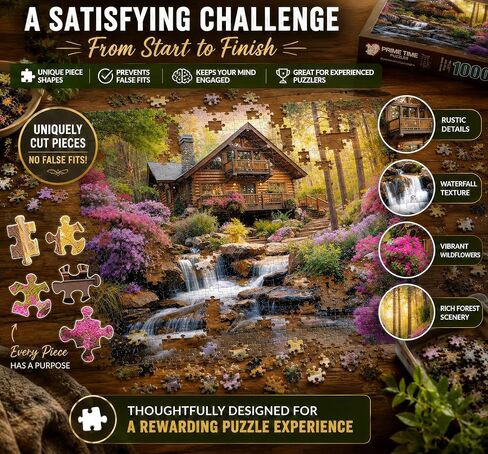 1000 Piece Jigsaw Puzzle for Adults - Mountain Cabin Waterfall - Challenging Puzzle Perfect for Game Nights - 1000 Piece for Adults. Nature Landscape Photograph in Forest 20x27 inch in Saudi Arabia