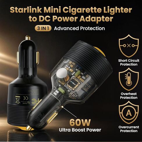 Starlink Mini Car Adapter 12V to 30V DC Step Up Converter with White Indicator Light, 60W Car Cigarette Lighter Adapter for Starlink Mini, Supports 16AWG 50M Cable, Ideal for RV,Boat,Trailer in Kuwait