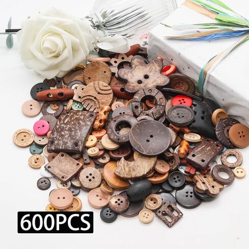 600pcs Assorted Wood Buttons Bulk - Assorted Vintage Buttons for Crafts, Sewing Decorations DIY Arts, Clothes in Saudi Arabia