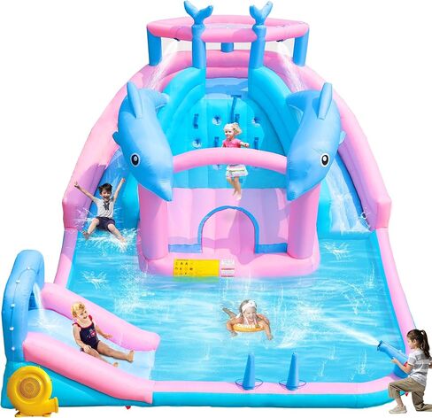 Inflatable Water Slide, Dolphin Bounce House for Kids 3-12, Water Park with Blower, Splash Pool, Climbing Wall, Water Cannon, Bouncy Castle for Backyard Summer Fun, 195 x 162 x 104 inches in Kuwait