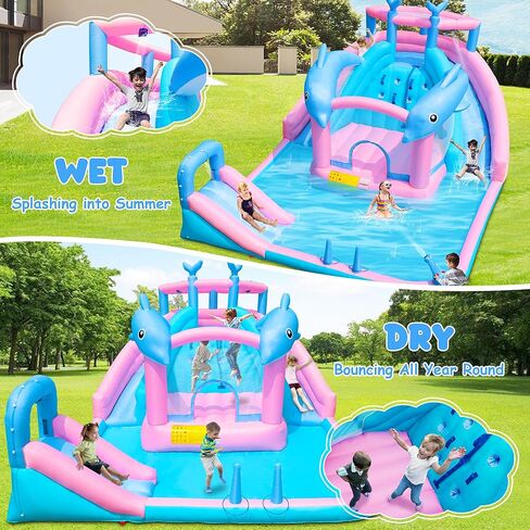 Inflatable Water Slide, Dolphin Bounce House for Kids 3-12, Water Park with Blower, Splash Pool, Climbing Wall, Water Cannon, Bouncy Castle for Backyard Summer Fun, 195 x 162 x 104 inches in Kuwait
