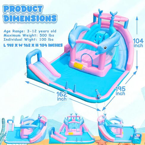 Inflatable Water Slide, Dolphin Bounce House for Kids 3-12, Water Park with Blower, Splash Pool, Climbing Wall, Water Cannon, Bouncy Castle for Backyard Summer Fun, 195 x 162 x 104 inches in Kuwait
