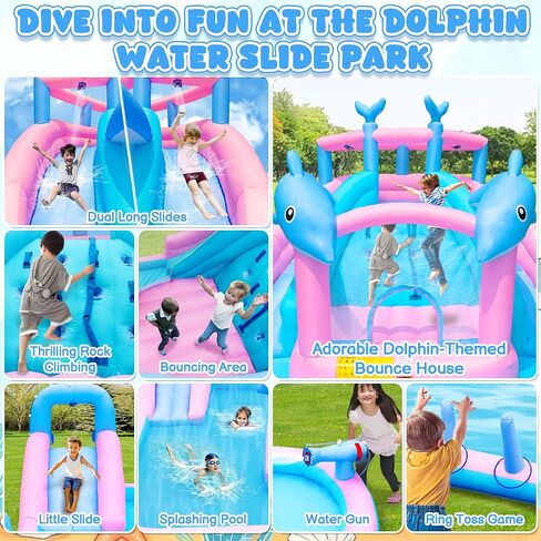 Inflatable Water Slide, Dolphin Bounce House for Kids 3-12, Water Park with Blower, Splash Pool, Climbing Wall, Water Cannon, Bouncy Castle for Backyard Summer Fun, 195 x 162 x 104 inches in Kuwait