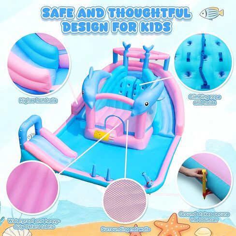Inflatable Water Slide, Dolphin Bounce House for Kids 3-12, Water Park with Blower, Splash Pool, Climbing Wall, Water Cannon, Bouncy Castle for Backyard Summer Fun, 195 x 162 x 104 inches in Kuwait