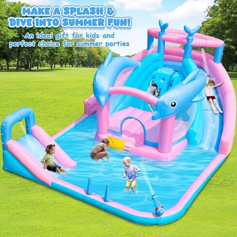 Inflatable Water Slide, Dolphin Bounce House for Kids 3-12, Water Park with Blower, Splash Pool, Climbing Wall, Water Cannon, Bouncy Castle for Backyard Summer Fun, 195 x 162 x 104 inches in Kuwait