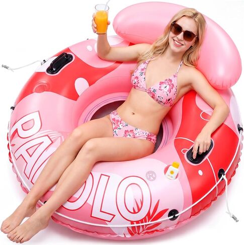 PAFOLO Pool Floats Adult, 53" River Tubes for Floating Heavy Duty, Inflatable Water Tube with Mesh Seat, Full Support Headrest, 2 Cup Holder, 450lb Capacity - Ideal for Pool, River, Lake Float in Saudi Arabia