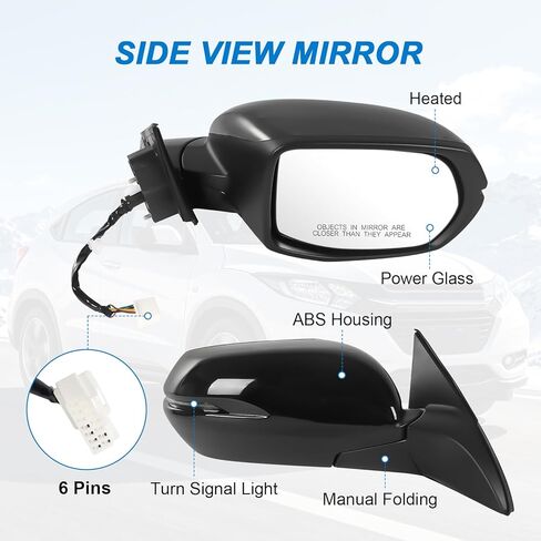 مرآة باب الرؤية الجانبية للراكب الأيمن JDMSPEED متوافقة مع Honda HRV HR-V 2016-2022 مع استبدال إشارات الانعطاف الزجاجية الساخنة القابلة للطي يدويًا #HO1321285 (6 دبابيس) in Kuwait