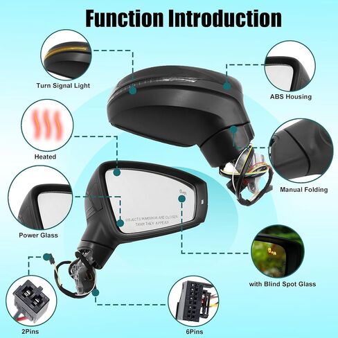 XQSMWF Passenger Right Side Exterior Mirror Black Compatible with Volkswagen Tiguan 2018-2021 with Manual Folding Power Glass Blind Spot and Turn Signal Light Heated # 5NN857508AB9B9 in Kuwait