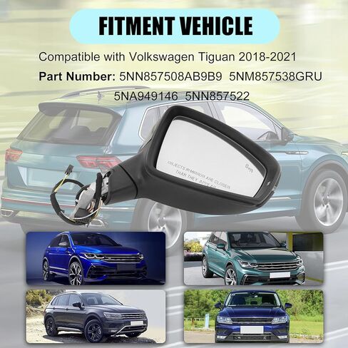 XQSMWF Passenger Right Side Exterior Mirror Black Compatible with Volkswagen Tiguan 2018-2021 with Manual Folding Power Glass Blind Spot and Turn Signal Light Heated # 5NN857508AB9B9 in Kuwait