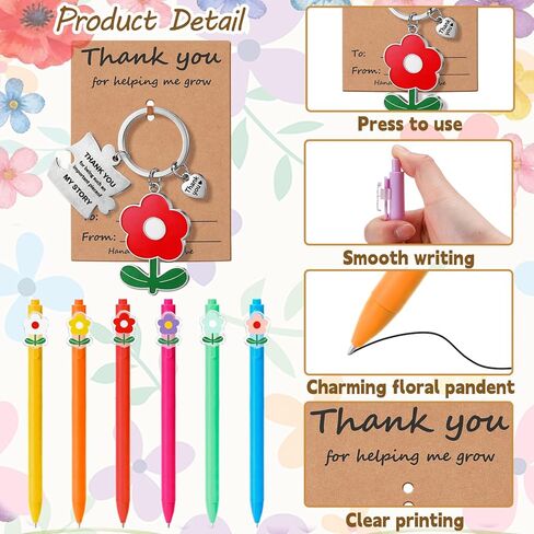 harloon 24 مجموعة من هدايا نهاية العام للمعلمين، سلاسل مفاتيح شكرًا لك على مساعدتي في تطوير سلاسل المفاتيح مع بطاقات الشكر، قلم حبر جاف على شكل زهرة للتخرج، ورياض الأطفال، وهدايا الرعاية النهارية في مرحلة ما قبل المدرسة in Kuwait