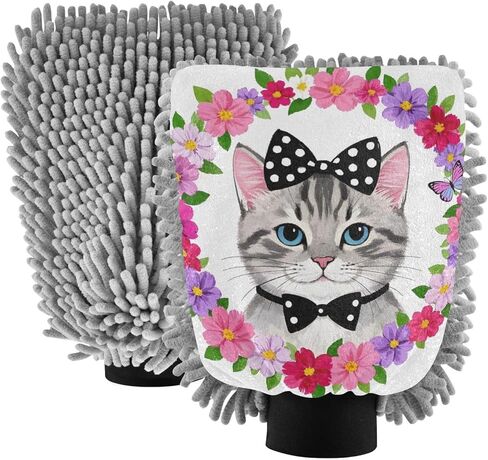 قفازات غسيل وتجفيف السيارة من ALAZA Cat Wreath خالية من الخدوش، قطعتان من قفازات الغسيل والتجفيف المصنوعة من الألياف الدقيقة الماصة/الشانيل، مقاس L in Kuwait
