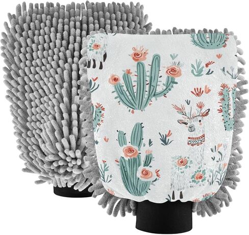 قفاز غسيل السيارة وتجفيفه من ALAZA Boho Llama Cactus خالٍ من الخدوش، قطعتان من قفازات الغسيل والتجفيف المصنوعة من الألياف الدقيقة الماصة/الشانيل، مقاس L in Kuwait