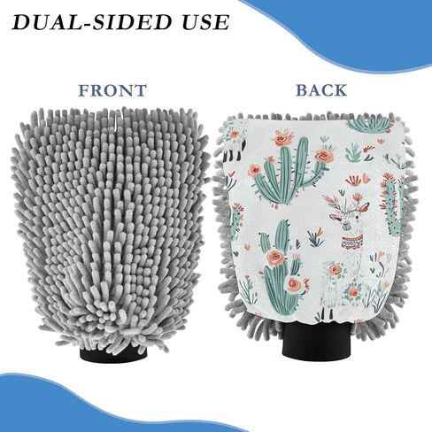 قفاز غسيل السيارة وتجفيفه من ALAZA Boho Llama Cactus خالٍ من الخدوش، قطعتان من قفازات الغسيل والتجفيف المصنوعة من الألياف الدقيقة الماصة/الشانيل، مقاس L in Kuwait