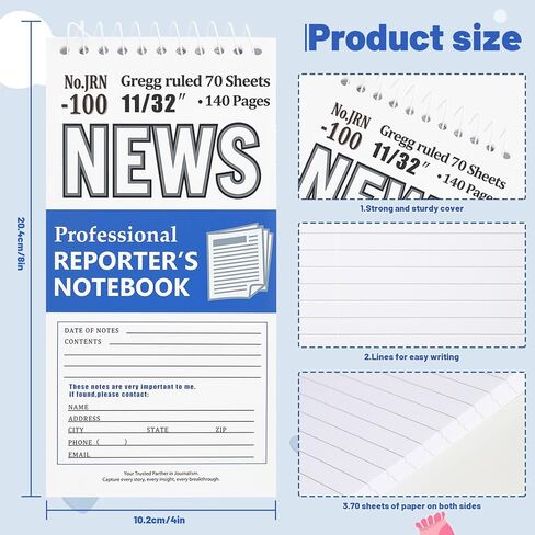 دفاتر ملاحظات Yanflow Reporters 3 عبوات، مجلة حلزونية مقاس 4 × 8 بوصة مع ورق سميك 100 جرامًا للمتر المربع، مسطرة جريج 140 صفحة للصحفيين والطلاب والملاحظات أثناء التنقل in Kuwait