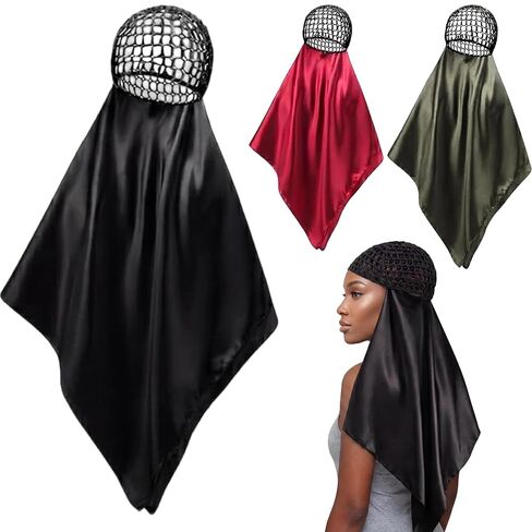 3 Pcs Wrap Hair Net with Scarf, Women Silk Press Head Wrap Netted Scarf 2 in 1 Easy-to-use for Silk Press & Nighttime Care, Styling, Sleep & Shower Cap(Classic Minimalist,Red Black Green) in Saudi Arabia