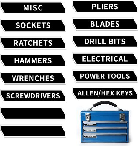 16PCS Tool Box Labels,Self-Adhesive Durable Tool Chest Organizer Labels, General Organize Accessories with Blank Tags for Family Toolbox,Tool Classification Box, Carts, Drawers, and Cabinets (Black) in Saudi Arabia