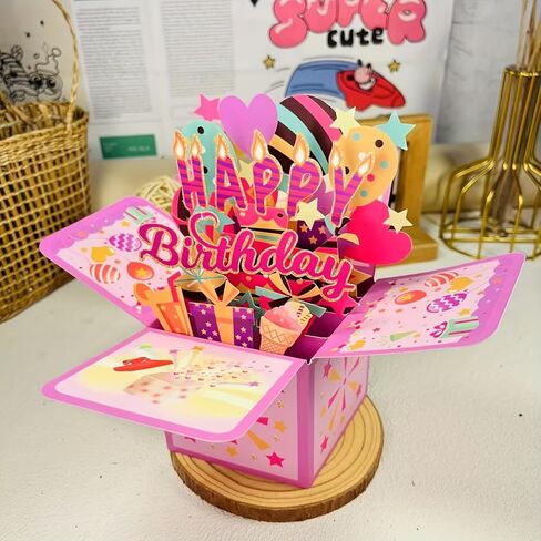 3D Pop Up Birthday Card, Handmade Cartoon Theme Greeting Card with Multilingual Wishes in English German French Japanese Korean, Battery-Free Paper Sculpture for Kids and Adults in Kuwait