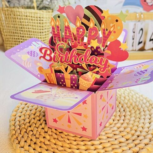 3D Pop Up Birthday Card, Handmade Cartoon Theme Greeting Card with Multilingual Wishes in English German French Japanese Korean, Battery-Free Paper Sculpture for Kids and Adults in Kuwait