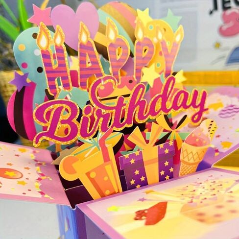 3D Pop Up Birthday Card, Handmade Cartoon Theme Greeting Card with Multilingual Wishes in English German French Japanese Korean, Battery-Free Paper Sculpture for Kids and Adults in Kuwait