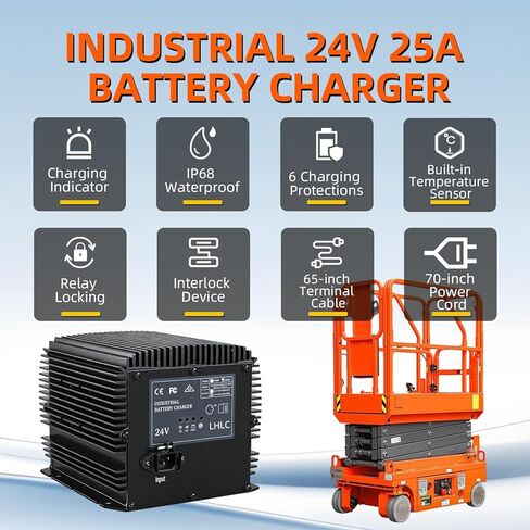 شاحن بطارية مقصية 24 فولت 25 أمبير متوافق مع بطاريات Genie/Skyjack/JLG مقصية الرصاص الحمضية/AGM/GEL، شاحن بطارية HB600-24B 24 فولت لعربة الجولف، رافعة شوكية كهربائية، منظف الأرضيات in Kuwait