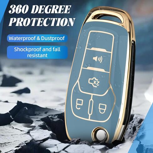 MILD EAST for Ford Key Fob Cover, for 4-Button Flip Key Only, Durable TPU Fit for Ford Fusion Bronco F-150 F-250 F-350 F-450 F-550 Ranger Figo (Gold-Blue) in Kuwait