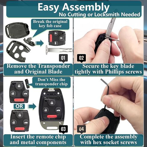 No Metal Blade Cutting Required - Key Fob Cover Shell for Honda Accord 2003-2012, Civic 2006-2013, Pilot 2009-2015, CRV 2005-2006 | Heavy Duty Crack & Scratch Resistant, 304 SS Loop (4-Button) in Saudi Arabia