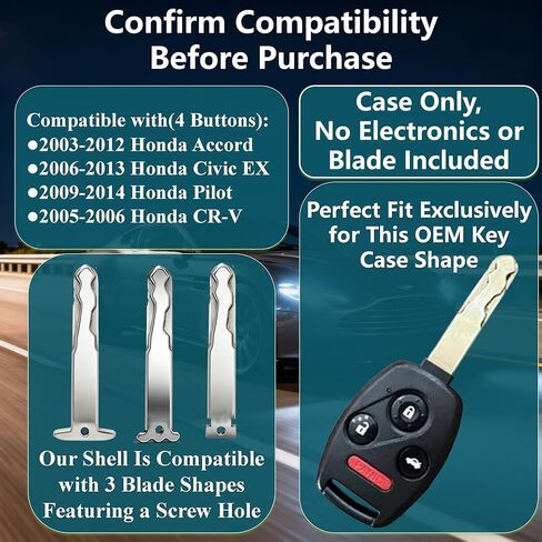 No Metal Blade Cutting Required - Key Fob Cover Shell for Honda Accord 2003-2012, Civic 2006-2013, Pilot 2009-2015, CRV 2005-2006 | Heavy Duty Crack & Scratch Resistant, 304 SS Loop (4-Button) in Saudi Arabia