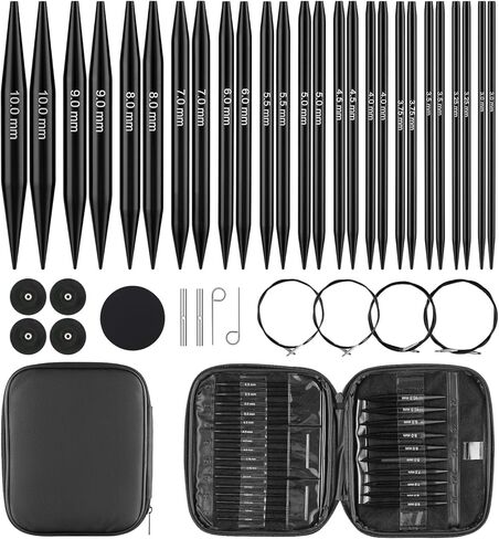 13-Pair Interchangeable Circular Knitting Needles Set, 4" Aluminum US 2.5-15 (3-10mm) with 4 Cables & Accessories | Ideal Gift for Knitters & DIY Projects in Saudi Arabia