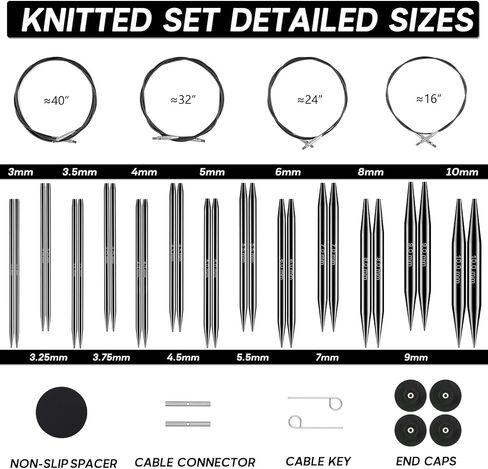 13-Pair Interchangeable Circular Knitting Needles Set, 4" Aluminum US 2.5-15 (3-10mm) with 4 Cables & Accessories | Ideal Gift for Knitters & DIY Projects in Saudi Arabia