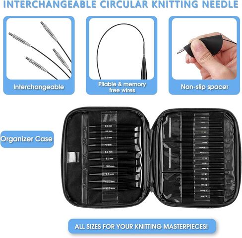 13-Pair Interchangeable Circular Knitting Needles Set, 4" Aluminum US 2.5-15 (3-10mm) with 4 Cables & Accessories | Ideal Gift for Knitters & DIY Projects in Saudi Arabia