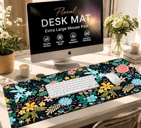 XXL Large Gaming Mouse Pad & Desk Protector (80x30cm) with Non-Slip Base, Waterproof Surface | XXL Mouse Pad with Stitched Edges for Office Work, Gaming, Home Desk - Blooming Floral in Saudi Arabia
