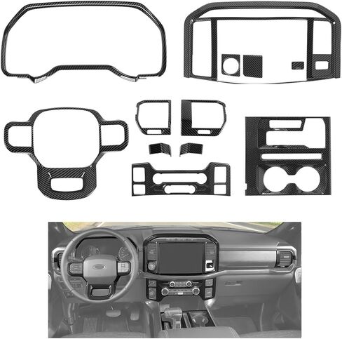 مجموعة إكسسوارات داخلية من ألياف الكربون مكونة من 12 قطعة من JeCar لسيارة Ford F150 2021-2025 - غطاء لوحة ناقل الحركة لوحدة التحكم المركزية، غطاء لوحة القيادة، ترقية الديكور in Kuwait