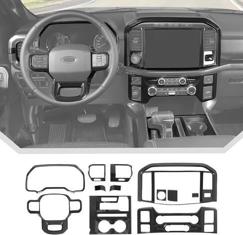 مجموعة إكسسوارات داخلية من ألياف الكربون مكونة من 12 قطعة من JeCar لسيارة Ford F150 2021-2025 - غطاء لوحة ناقل الحركة لوحدة التحكم المركزية، غطاء لوحة القيادة، ترقية الديكور in Kuwait