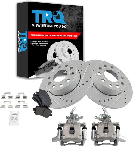 TRQ Rear Brake Pad and Rotor Set Semi Metallic Solid G Coated Rotors Calipers Compatible with 2010 Volkswagen Golf 2005-2010 Jetta 2006-2009 Rabbit in Kuwait
