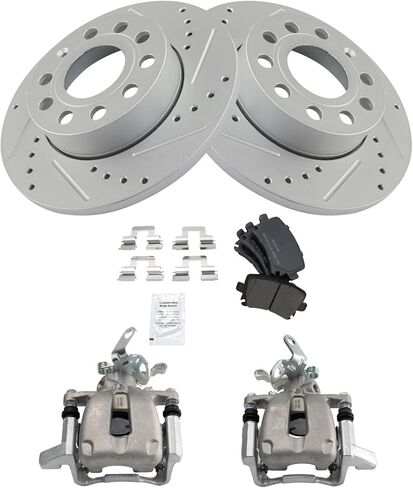 TRQ Rear Brake Pad and Rotor Set Semi Metallic Solid G Coated Rotors Calipers Compatible with 2010 Volkswagen Golf 2005-2010 Jetta 2006-2009 Rabbit in Kuwait