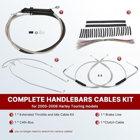 Touring 14" Handlebar Cables Kit No ABS, (Extended Clutch Cable & Throttle & Idle Cables & Brake Line & CAN-Bus) for Harley 2000-2006 Touring No ABS, No Cruise Control,Chrome in Kuwait