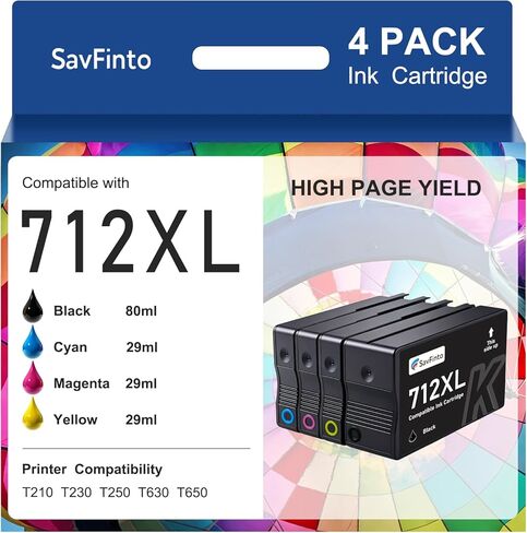 مجموعة خراطيش حبر 712XL 712 عالية الإنتاجية متوافقة مع طابعة HP DesignJet T210 T230 T250 T630 T650 Studio Plotter (4 عبوات، أسود سماوي أرجواني أصفر، 80 مل أسود + 29 مل لون) in Kuwait