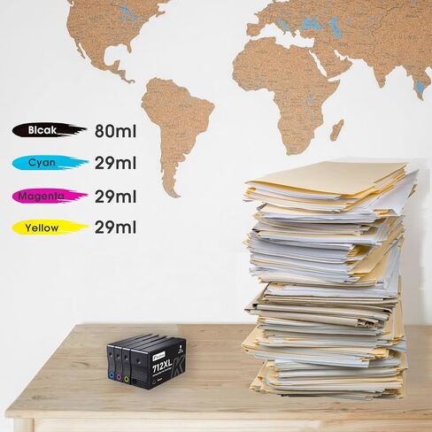 مجموعة خراطيش حبر 712XL 712 عالية الإنتاجية متوافقة مع طابعة HP DesignJet T210 T230 T250 T630 T650 Studio Plotter (4 عبوات، أسود سماوي أرجواني أصفر، 80 مل أسود + 29 مل لون) in Kuwait
