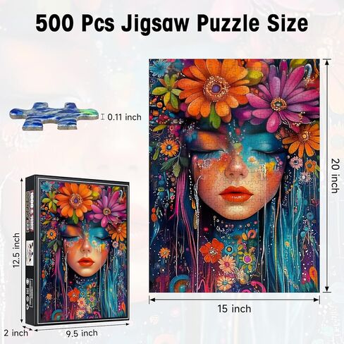 500 Piece Puzzles for Adults, Floral Art Woman Portrait Jigsaw Puzzle, Colorful Flower Decor Cardboard Puzzle with Letters on Back for Game Nights & Home Decor, 15×20 Inch in Saudi Arabia