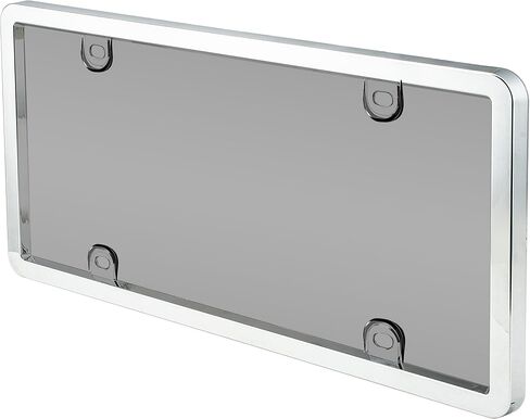 Custom Accessories Deluxe Heavy-Duty Metal License Plate Frame and Cover, Chrome-Smoke, UV-Resistant Polycarbonate Shield, Anti-Theft Hardware, Mounting Caps Included, Car Wash Safe in Kuwait