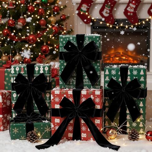 Meseey 2.5 Inch Black Velvet Wired Ribbon, 10 Yards Wide Black Velvet Ribbon with Wire Edge for Christmas Tree Gift Wrapping Holiday Bouquet Decor in Kuwait
