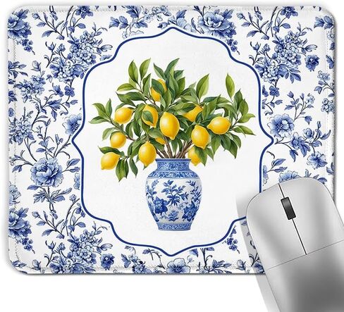 Blue and White Chinoiserie Lemon Square Mouse Pad, Grandmillennial Floral Porcelain Lemon Mousepad Mat for Home Office Computer Gaming Desk Accessories 9.5x7.9 in in Saudi Arabia