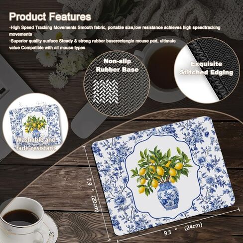 Blue and White Chinoiserie Lemon Square Mouse Pad, Grandmillennial Floral Porcelain Lemon Mousepad Mat for Home Office Computer Gaming Desk Accessories 9.5x7.9 in in Saudi Arabia