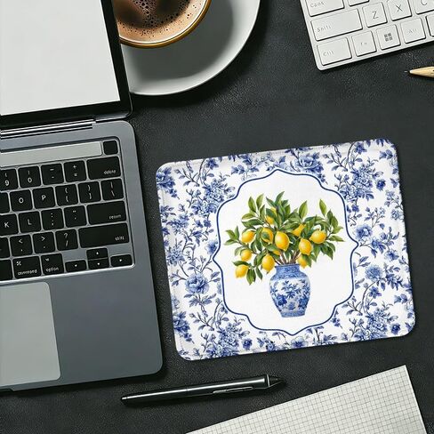 Blue and White Chinoiserie Lemon Square Mouse Pad, Grandmillennial Floral Porcelain Lemon Mousepad Mat for Home Office Computer Gaming Desk Accessories 9.5x7.9 in in Saudi Arabia