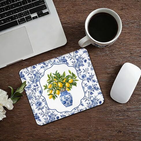 Blue and White Chinoiserie Lemon Square Mouse Pad, Grandmillennial Floral Porcelain Lemon Mousepad Mat for Home Office Computer Gaming Desk Accessories 9.5x7.9 in in Saudi Arabia