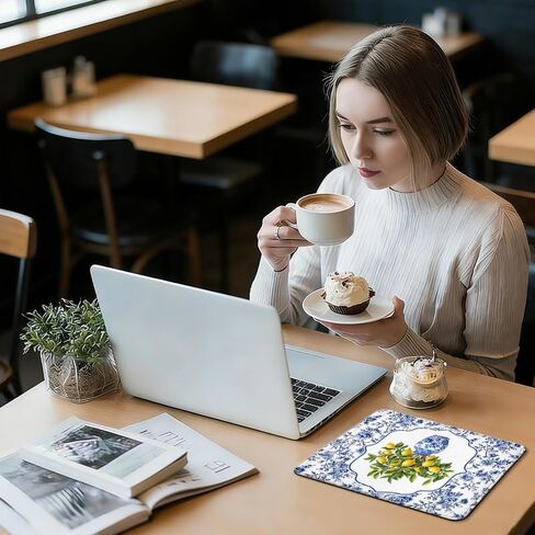 Blue and White Chinoiserie Lemon Square Mouse Pad, Grandmillennial Floral Porcelain Lemon Mousepad Mat for Home Office Computer Gaming Desk Accessories 9.5x7.9 in in Saudi Arabia