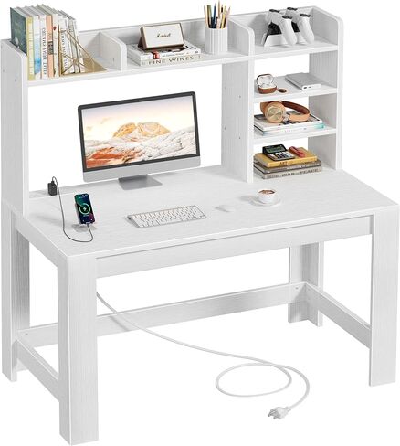 WINAZ White Computer Desk with Hutch and Power Outlet - 43 Inch Small Space Study Writing Table with Storage Shelves Monitor Stand, Modern Home Office Workstation Desks for Bedroom, Easy Assembly in Kuwait
