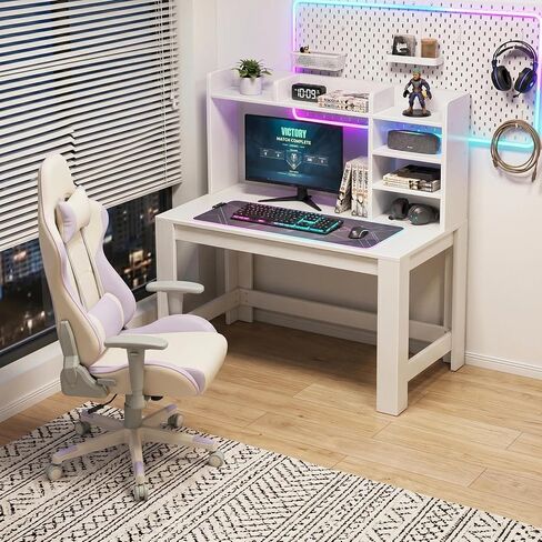 WINAZ White Computer Desk with Hutch and Power Outlet - 43 Inch Small Space Study Writing Table with Storage Shelves Monitor Stand, Modern Home Office Workstation Desks for Bedroom, Easy Assembly in Kuwait