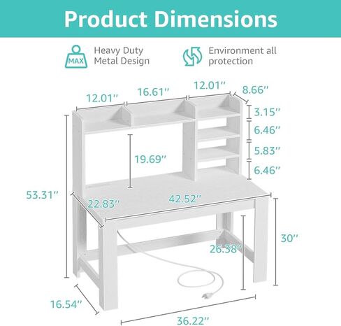 WINAZ White Computer Desk with Hutch and Power Outlet - 43 Inch Small Space Study Writing Table with Storage Shelves Monitor Stand, Modern Home Office Workstation Desks for Bedroom, Easy Assembly in Kuwait